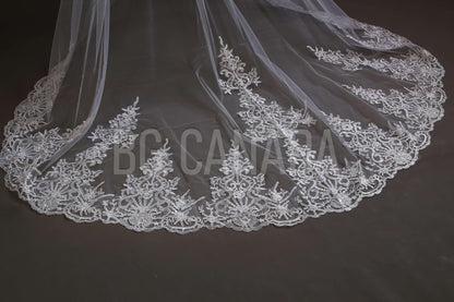 Lace Trim Cathedral Wedding Veil - Double Tier Bridal Veil