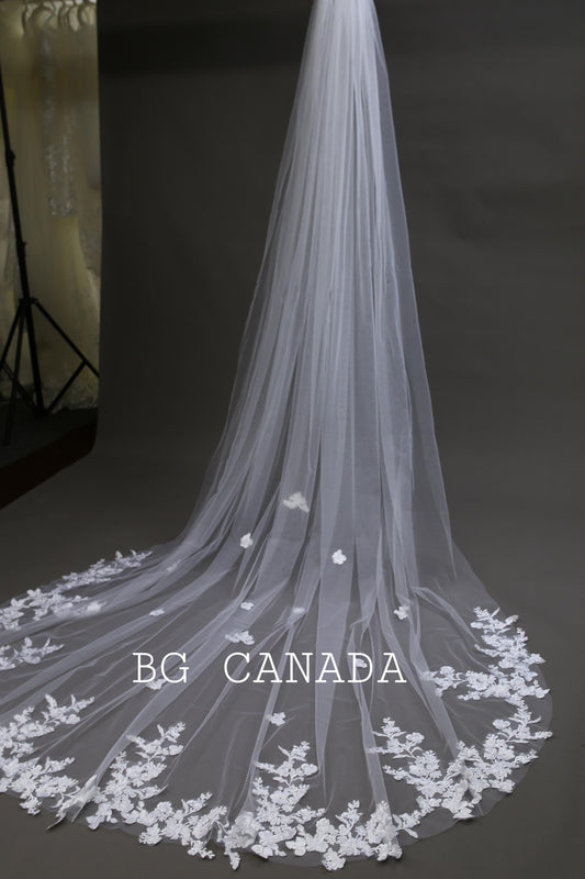 Cathedral Wedding Veil: Floral Lace Appliqué, Ivory Bridal Veil