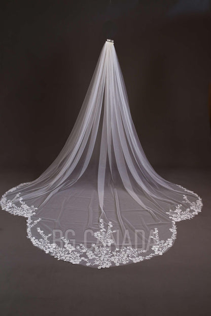 Floral Lace Cathedral Wedding Veil - Bridal Illusion Tulle