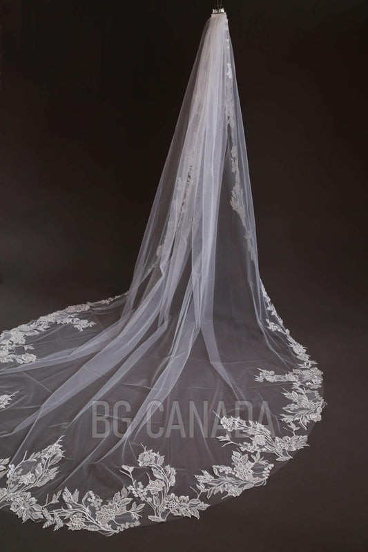 Wedding Veil Flower Veil Floral edged Bridal Veil Bridal illusion tulle soft wedding veil cathedral length veil luxury wedding veil