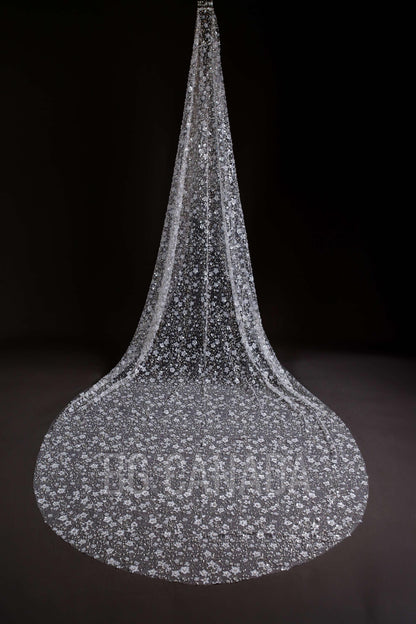 Celestine Radiance – Cathedral Bridal Veil with Sequin Floral Embroidery