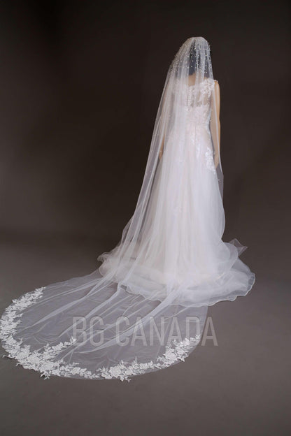 White Wedding Veil pearl veil cluster pearl veil lace cathedral veil beaded floral lace veil bridal illusion tulle ivory veil