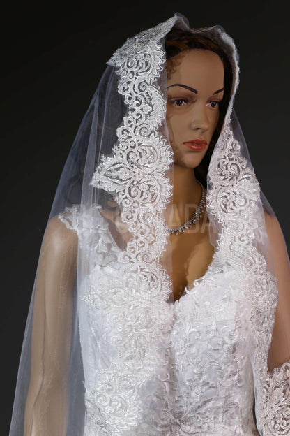 Beaded edged Bridal Veil Mantilla Lace Wedding Veil Lace trim veil fingertip Lace veil 1 tier veil with comb beade Lace Veil