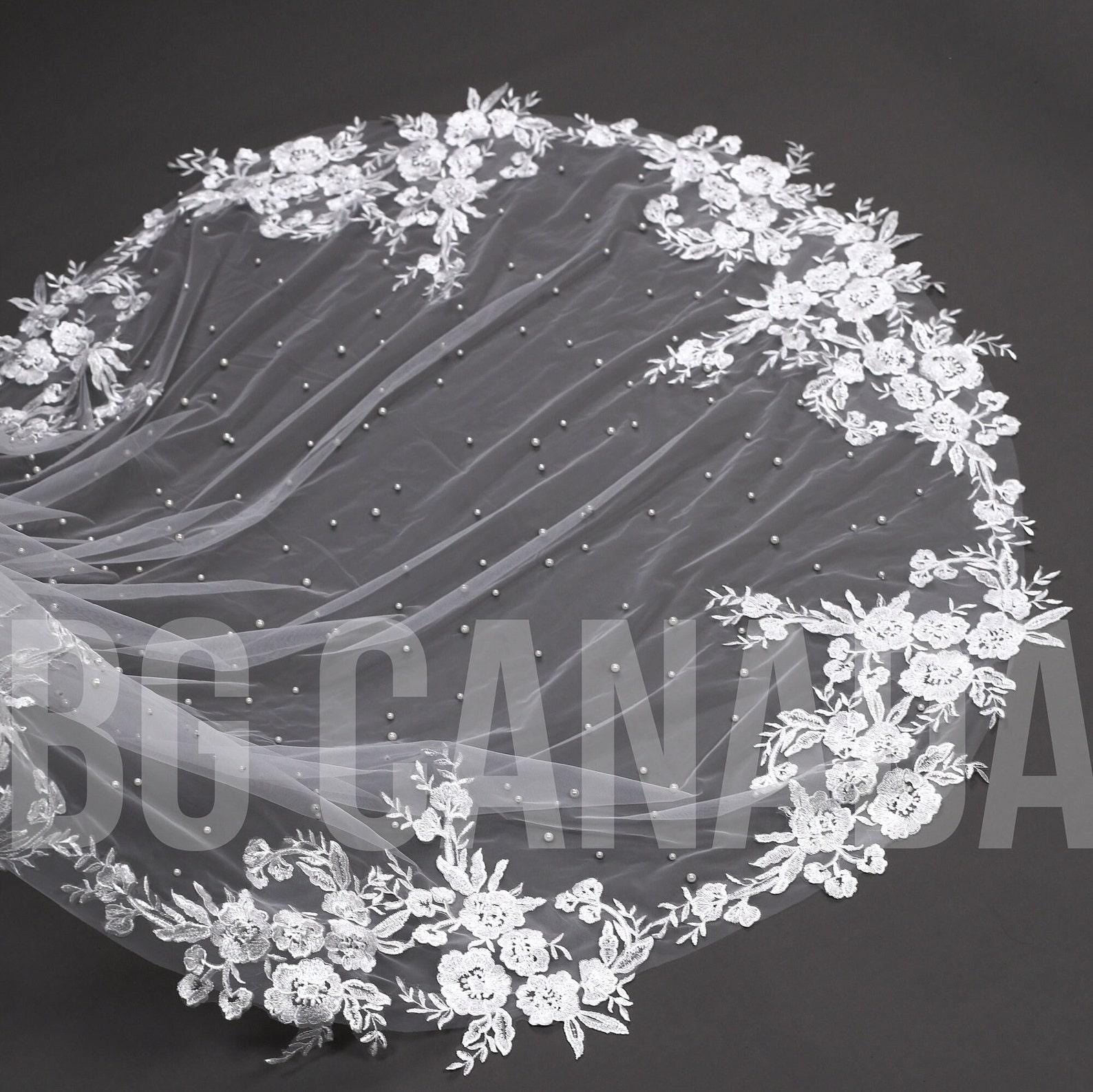Floral Lace Mantilla Veil with Scattered Pearls 1 Tier Veil fingertip mantilla veil short bridal mantilla veil lace trim wedding veil