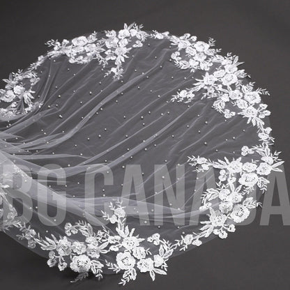 Floral Lace Mantilla Veil with Scattered Pearls 1 Tier Veil fingertip mantilla veil short bridal mantilla veil lace trim wedding veil