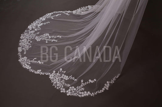 Floral Lace Cathedral Wedding Veil - Bridal Illusion Tulle