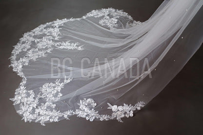 Pearl veil scalloped pearl veil pearl wedding veil with pearls long floral lace veil cathedral veil Bridal Veil white veil