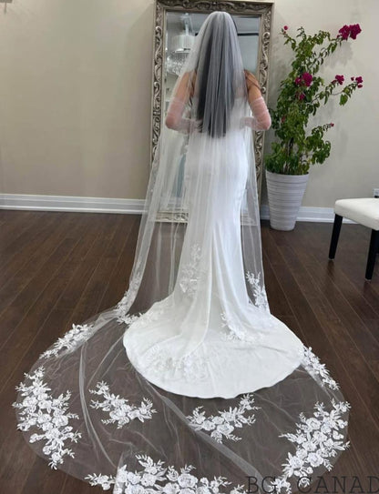 Chapel veil Scattered Floral Lace Cathedral length Veil illusion Bridal Tulle wedding veil with flower lace , White/Off White/Ivory