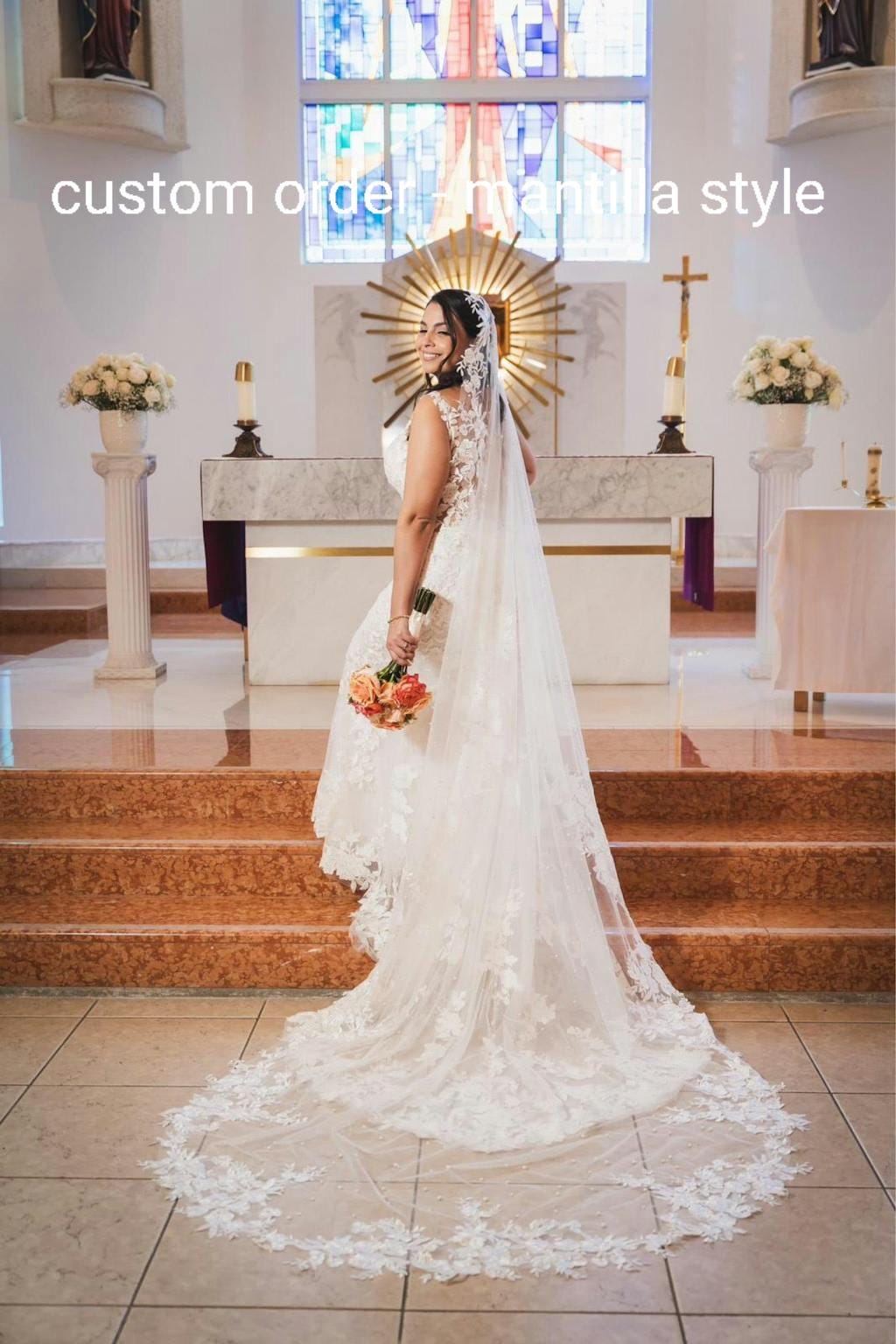 Floral Lace Mantilla Veil with Pearls: Fingertip Bridal Veil