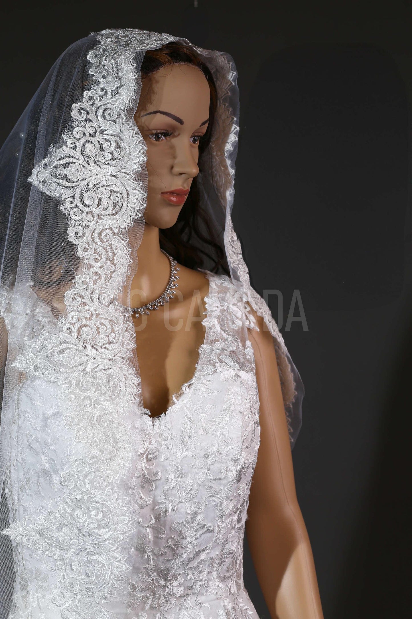 Beaded edged Bridal Veil Mantilla Lace Wedding Veil Lace trim veil fingertip Lace veil 1 tier veil with comb beade Lace Veil