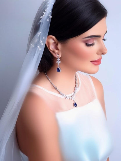 Blue Crystal Bridal Jewelry Set: Silver Necklace, Earrings, Bracelet