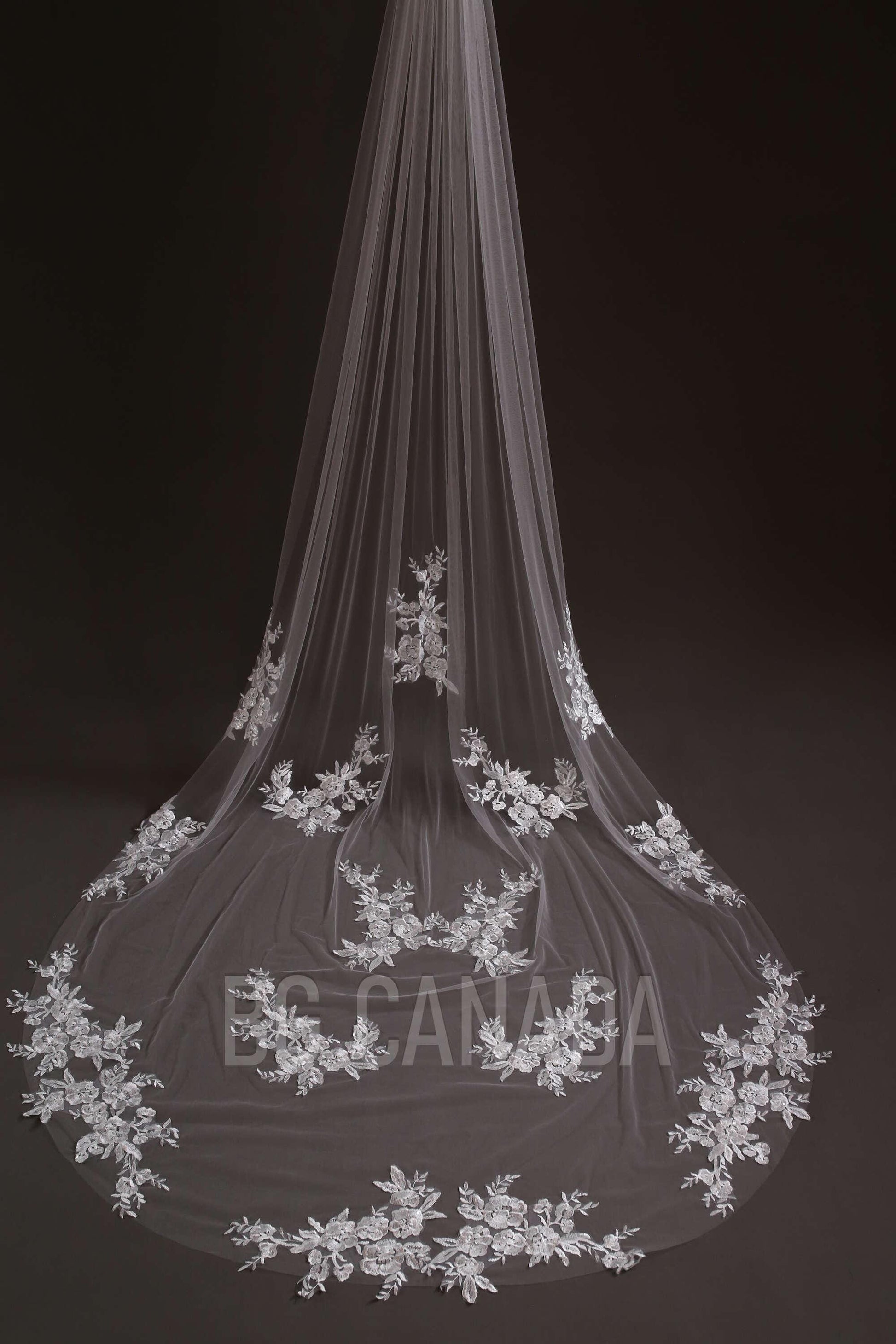 Chapel veil Scattered Floral Lace Cathedral length Veil illusion Bridal Tulle wedding veil with flower lace , White/Off White/Ivory