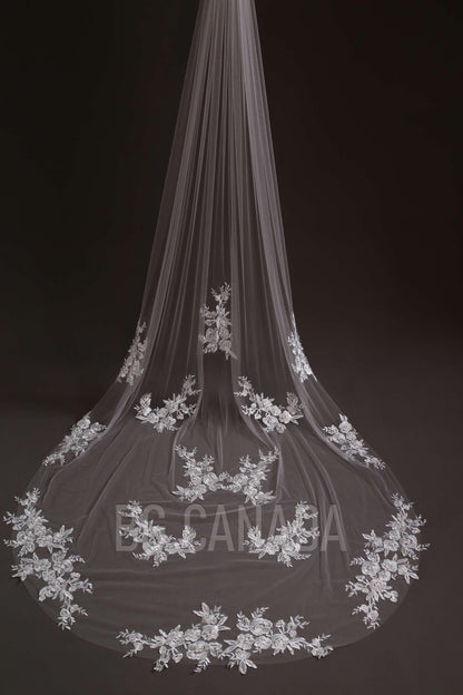 Chapel veil Scattered Floral Lace Cathedral length Veil illusion Bridal Tulle wedding veil with flower lace , White/Off White/Ivory