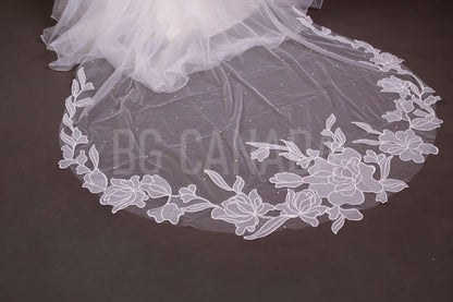 Big flower and pearl veil available in fingertip, Waltz, floor, cathedral length - white, off white, ivory
