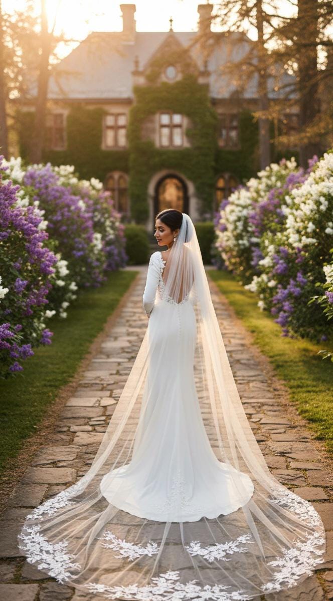 Chapel veil Scattered Floral Lace Cathedral length Veil illusion Bridal Tulle wedding veil with flower lace , White/Off White/Ivory