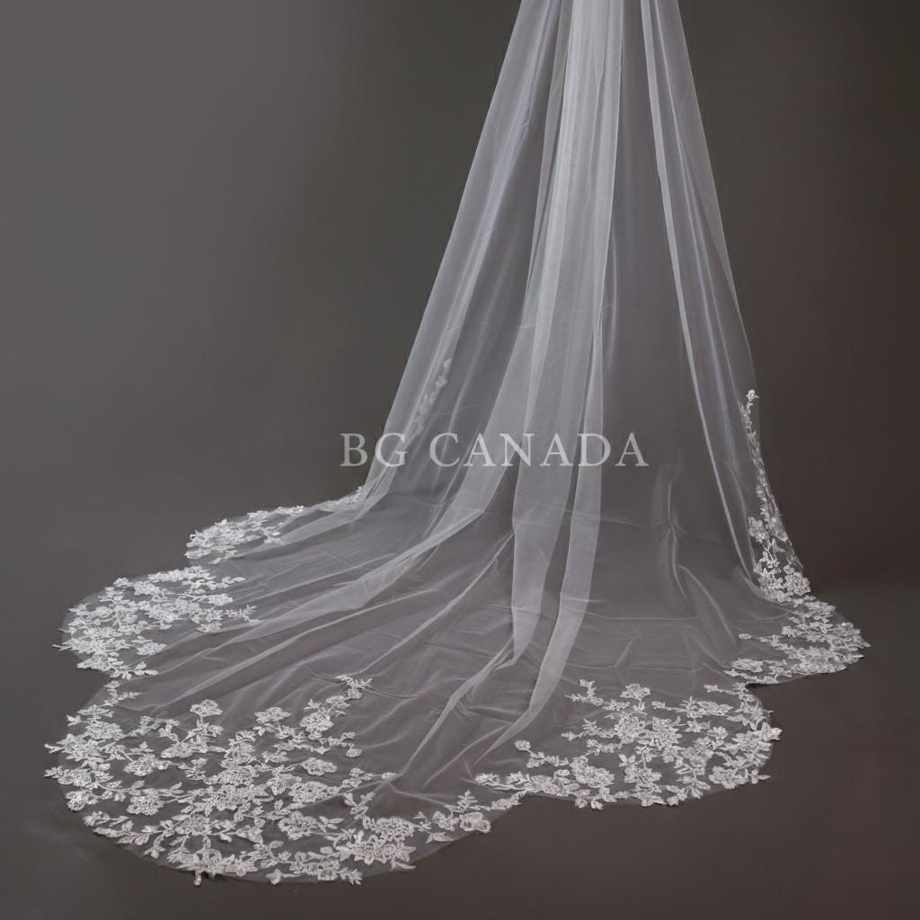 Long Lace Veil with Scalloped Floral Edges Bridal Veil for Mermaid Gown Soft Tulle Wedding Veil Lace Appliqué Edge Mermaid Train Bridal Veil