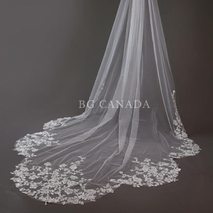 Long Lace Veil with Scalloped Floral Edges Bridal Veil for Mermaid Gown Soft Tulle Wedding Veil Lace Appliqué Edge Mermaid Train Bridal Veil