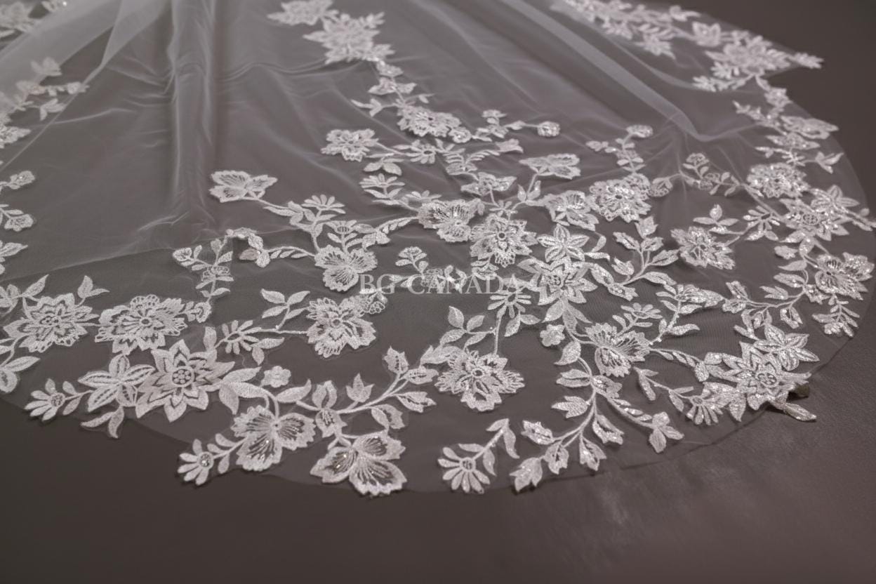 Long Lace Veil with Scalloped Floral Edges Bridal Veil for Mermaid Gown Soft Tulle Wedding Veil Lace Appliqué Edge Mermaid Train Bridal Veil