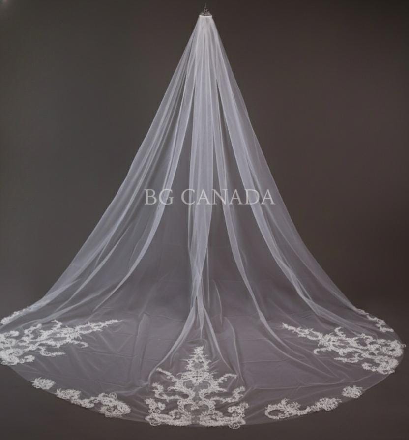 Extra Wide Royal Cathedral Veil Vintage Style Lace Appliqué Bridal Veil, Baroque Lace Long Veil, Classic Romantic Wedding Veil