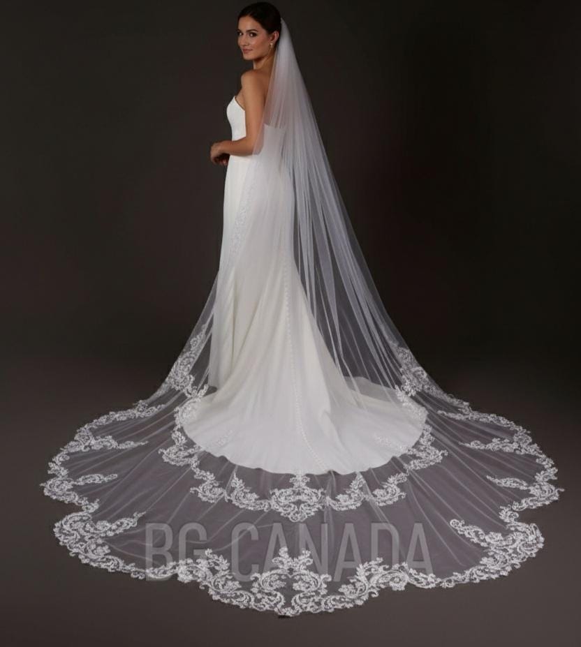 Lace veil unique edge veil statement veil Handmade Lace, Single Layer, royal length veil