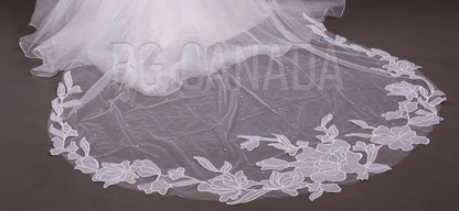 Big flower and pearl veil available in fingertip, Waltz, floor, cathedral length - white, off white, ivory