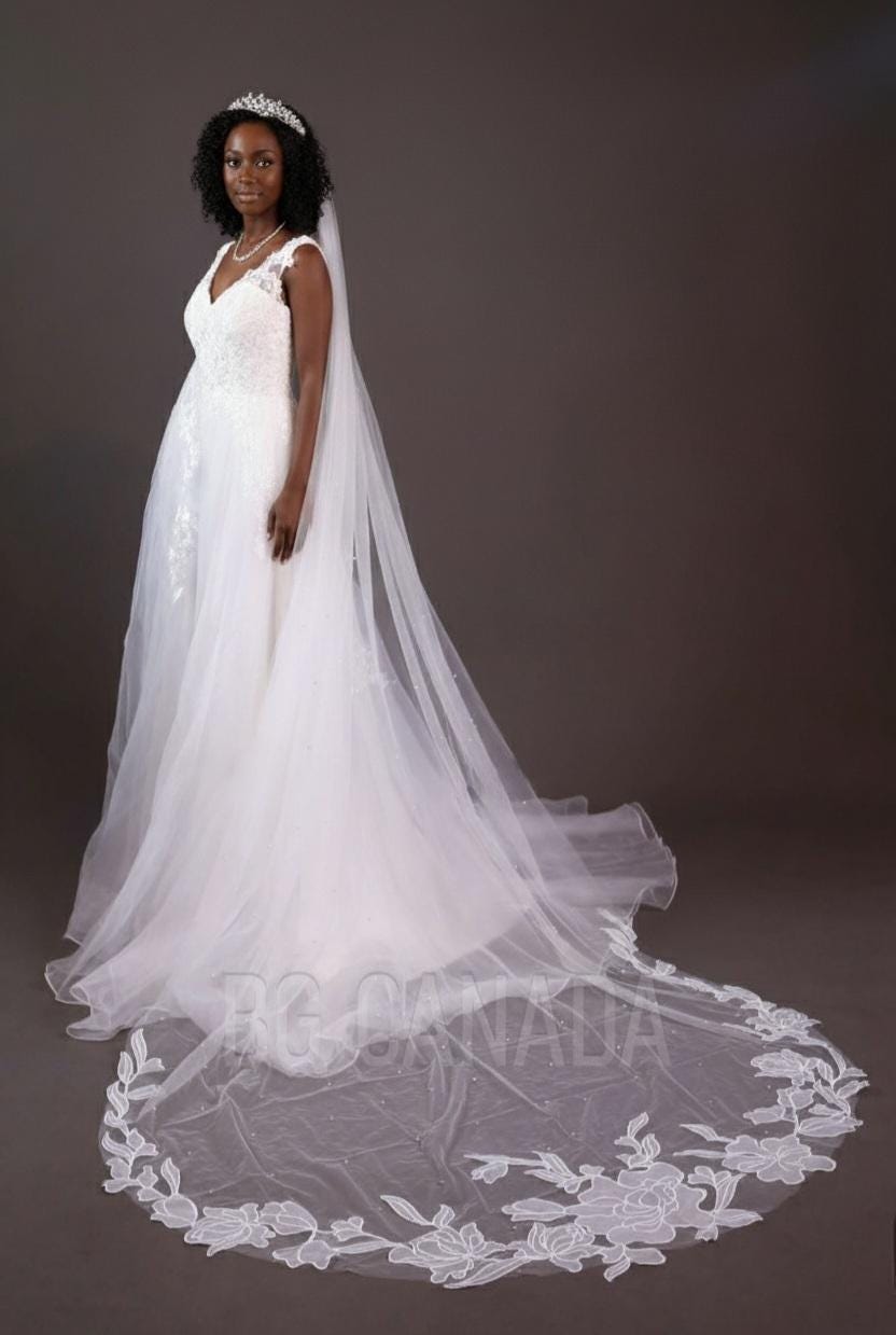 Big flower and pearl veil available in fingertip, Waltz, floor, cathedral length - white, off white, ivory