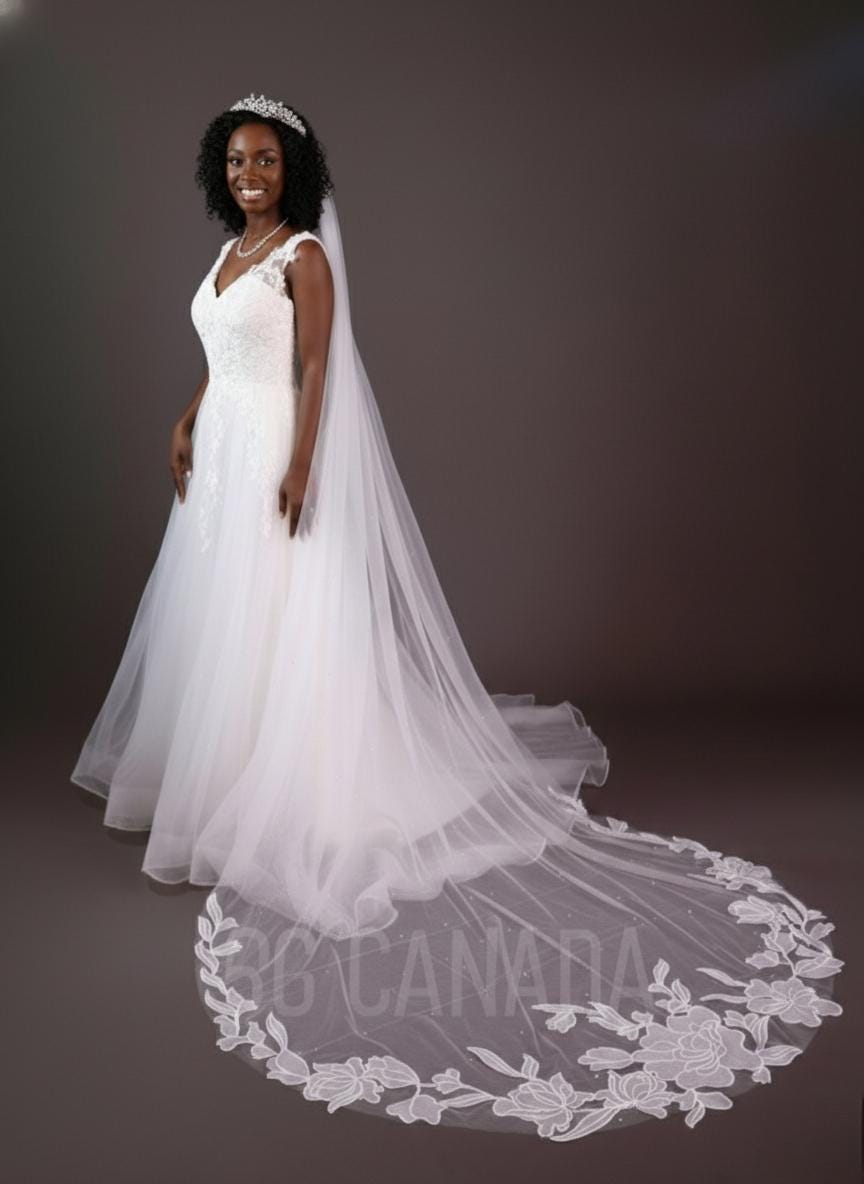 Big flower and pearl veil available in fingertip, Waltz, floor, cathedral length - white, off white, ivory