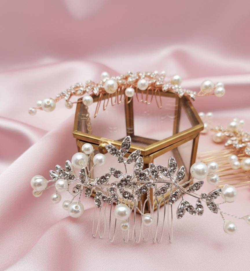 Pearl Crystal Bridal Hair Comb Rose Gold or Silver Wedding Hairpiece Sparkly Rhinestone Leaf Comb for Brides, Bridesmaids or Updos