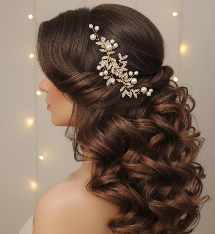 Pearl Crystal Bridal Hair Comb Rose Gold or Silver Wedding Hairpiece Sparkly Rhinestone Leaf Comb for Brides, Bridesmaids or Updos