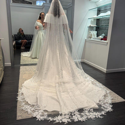 Pearl veil pearl floral wedding veil long veil cathedral wedding veil with lace ivory wedding veil