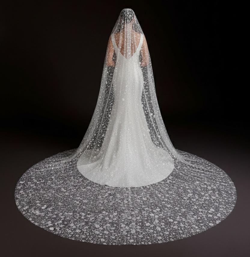 Celestine Radiance – Cathedral Bridal Veil with Sequin Floral Embroidery