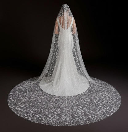 Celestine Radiance – Cathedral Bridal Veil with Sequin Floral Embroidery