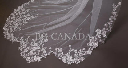 Long Lace Veil with Scalloped Floral Edges Bridal Veil for Mermaid Gown Soft Tulle Wedding Veil Lace Appliqué Edge Mermaid Train Bridal Veil