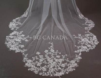 Long Lace Veil with Scalloped Floral Edges Bridal Veil for Mermaid Gown Soft Tulle Wedding Veil Lace Appliqué Edge Mermaid Train Bridal Veil