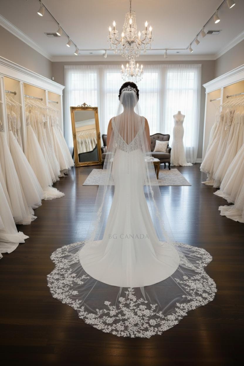 Long Lace Veil with Scalloped Floral Edges Bridal Veil for Mermaid Gown Soft Tulle Wedding Veil Lace Appliqué Edge Mermaid Train Bridal Veil