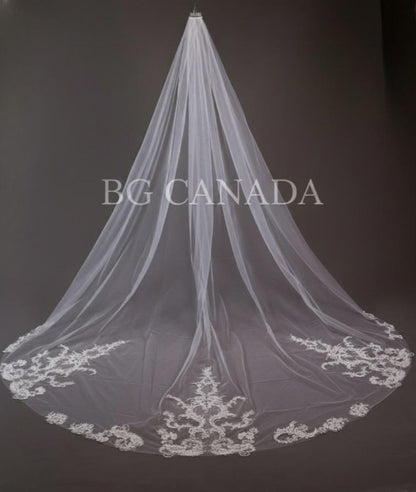 Extra Wide Royal Cathedral Veil Vintage Style Lace Appliqué Bridal Veil, Baroque Lace Long Veil, Classic Romantic Wedding Veil