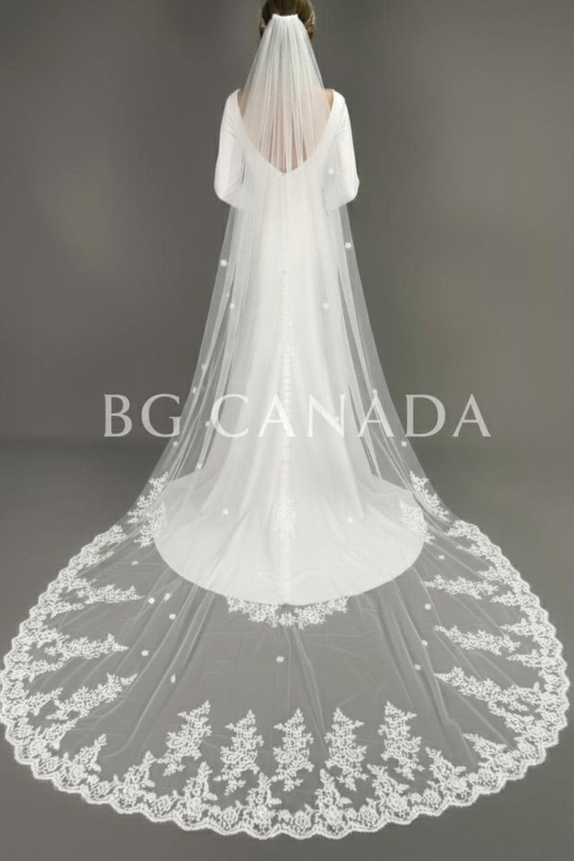 Long Lace Bridal Veil with Floral Appliqué | Scalloped Edge Wedding Veil with Pearls | Ivory Lace Veil for Bride