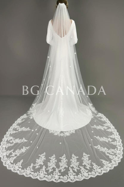 Long Lace Bridal Veil with Floral Appliqué | Scalloped Edge Wedding Veil with Pearls | Ivory Lace Veil for Bride