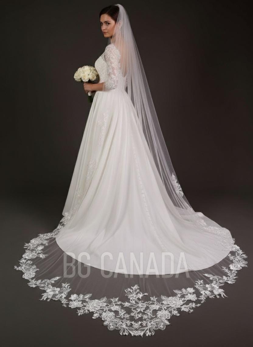 Special cut wedding veil unique statement veil Cathedral Length floral Lace Wedding Veil Floral Mermaid Tail Design