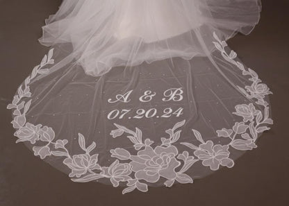 personalized Veil with pearls floral lace with names and wedding date