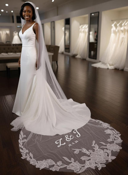 personalized Veil with pearls floral lace with names and wedding date