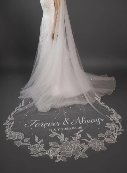 personalized Veil with pearls floral lace with names and wedding date