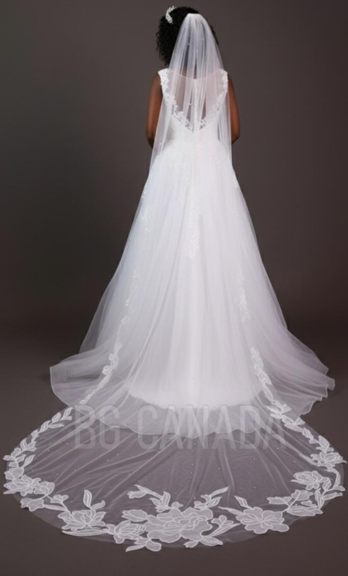 Big flower and pearl veil available in fingertip, Waltz, floor, cathedral length - white, off white, ivory