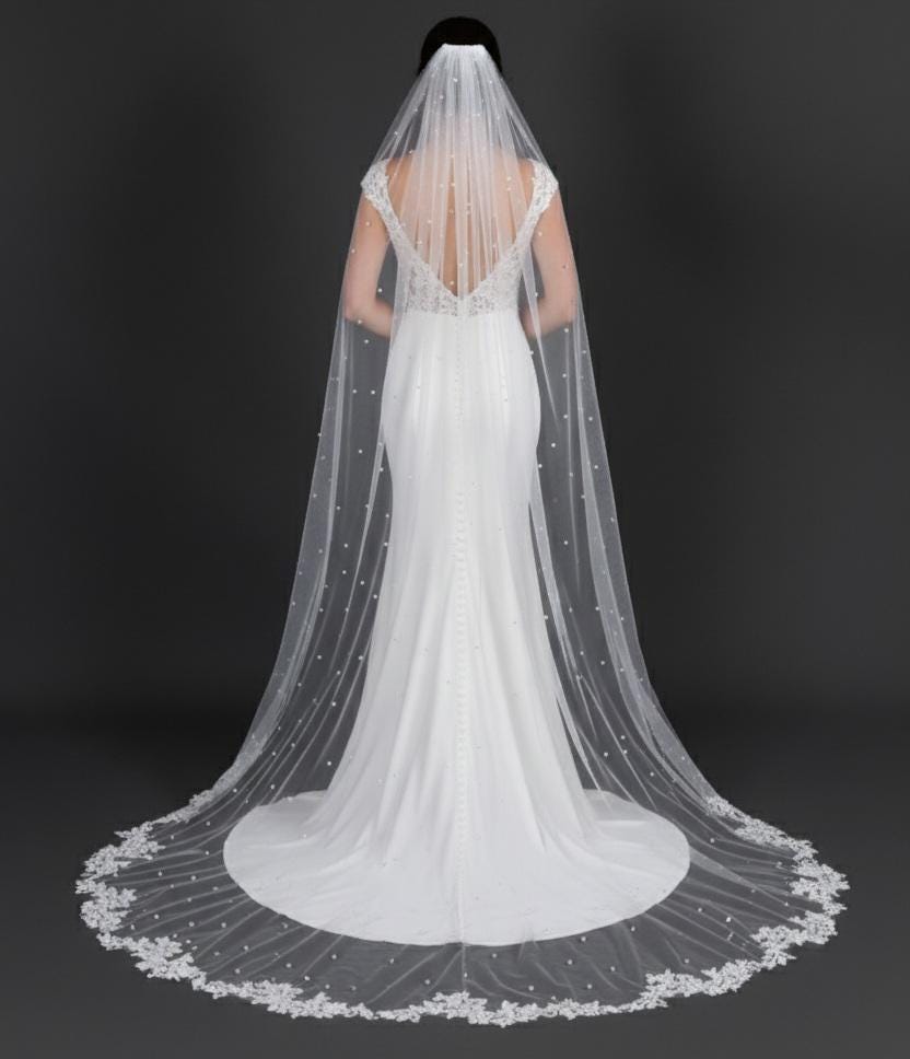 Pearl Wedding Veil with lace border: Ivory Lace Border Veil Lace edge veil scattered pearls