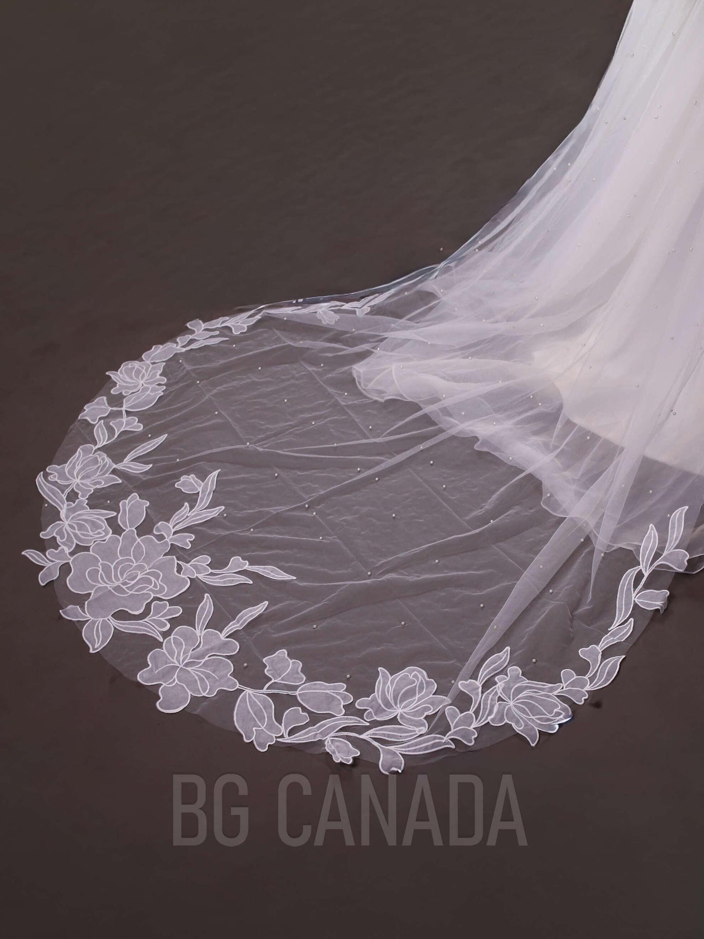 Big flower and pearl veil available in fingertip, Waltz, floor, cathedral length - white, off white, ivory