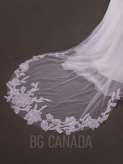 Big flower and pearl veil available in fingertip, Waltz, floor, cathedral length - white, off white, ivory