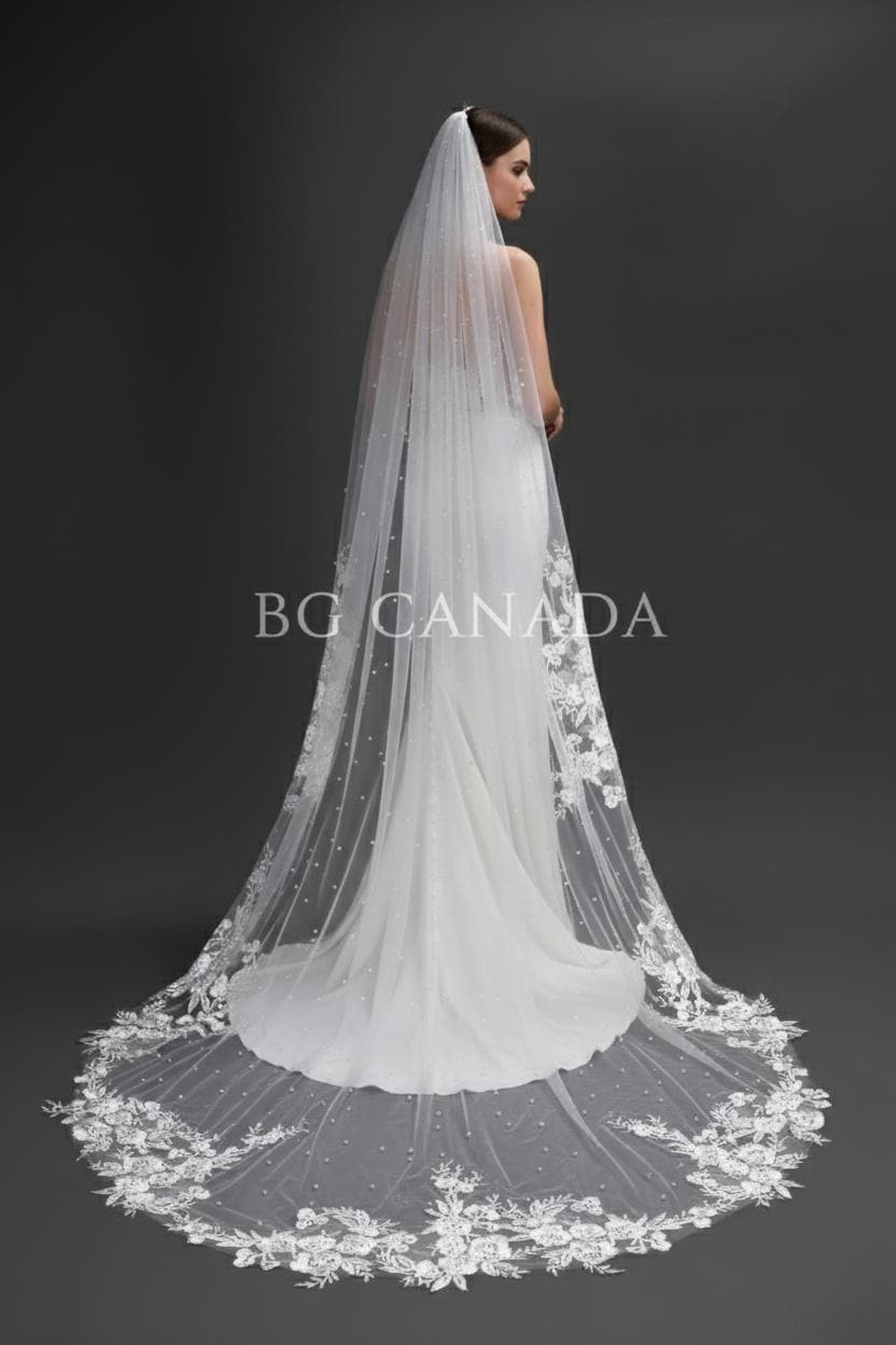 Pearl veil pearl floral wedding veil long veil cathedral wedding veil with lace ivory wedding veil