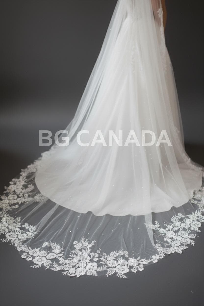 Pearl veil pearl floral wedding veil long veil cathedral wedding veil with lace ivory wedding veil