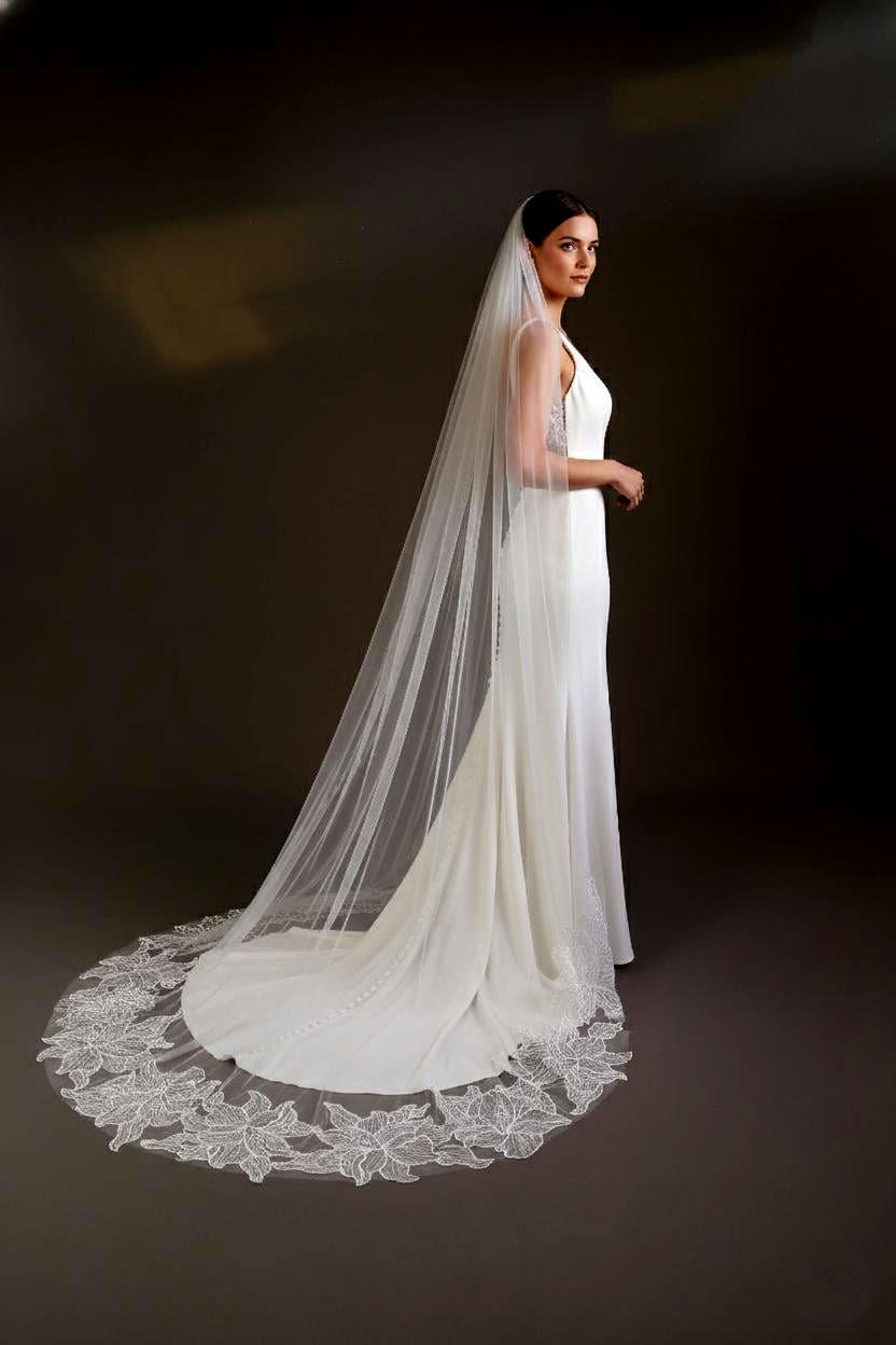 Big flower Cathedral Wedding Veil Long Floral Lace, Elegant Boho Bridal veil wedding accessories church wedding veil