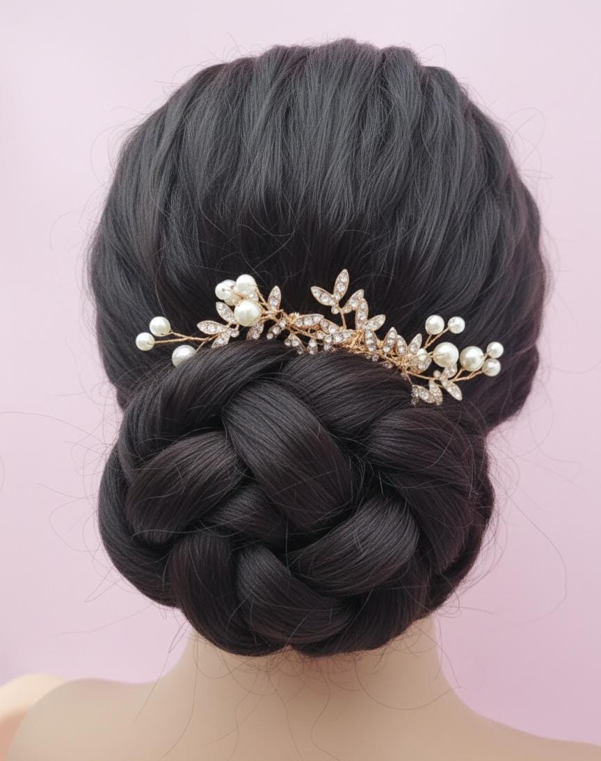 Pearl Crystal Bridal Hair Comb Rose Gold or Silver Wedding Hairpiece Sparkly Rhinestone Leaf Comb for Brides, Bridesmaids or Updos